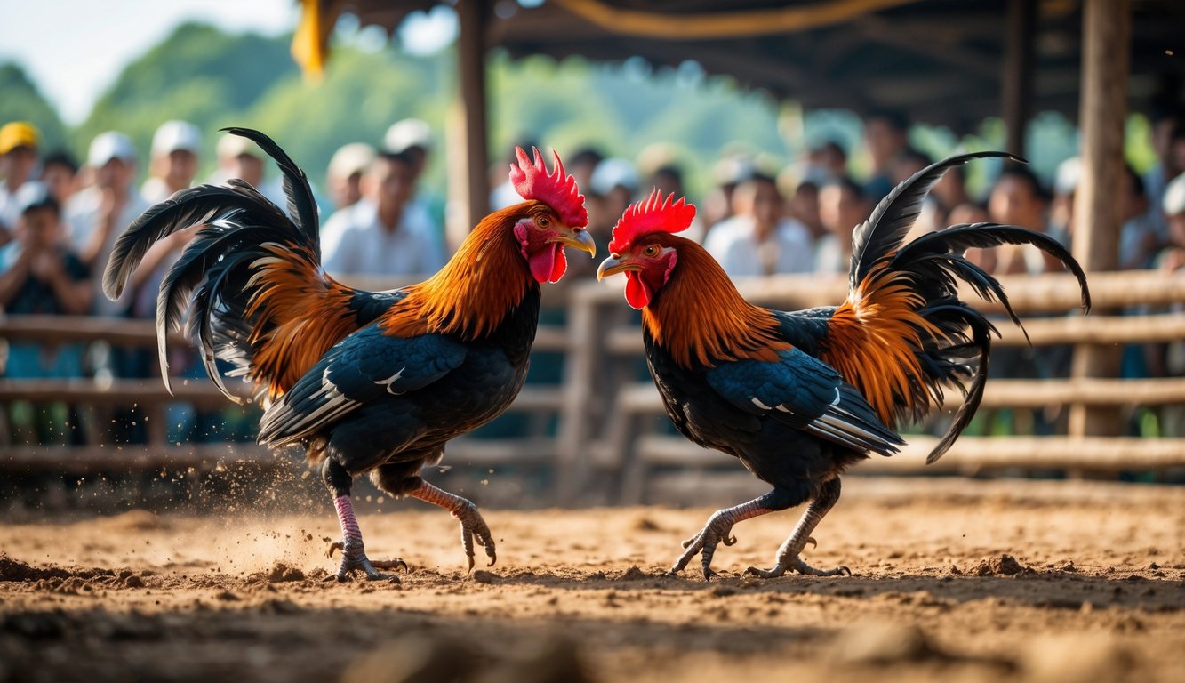 Dua ayam jago sedang bertarung dengan latar belakang penonton yang memperhatikan dengan seksama.