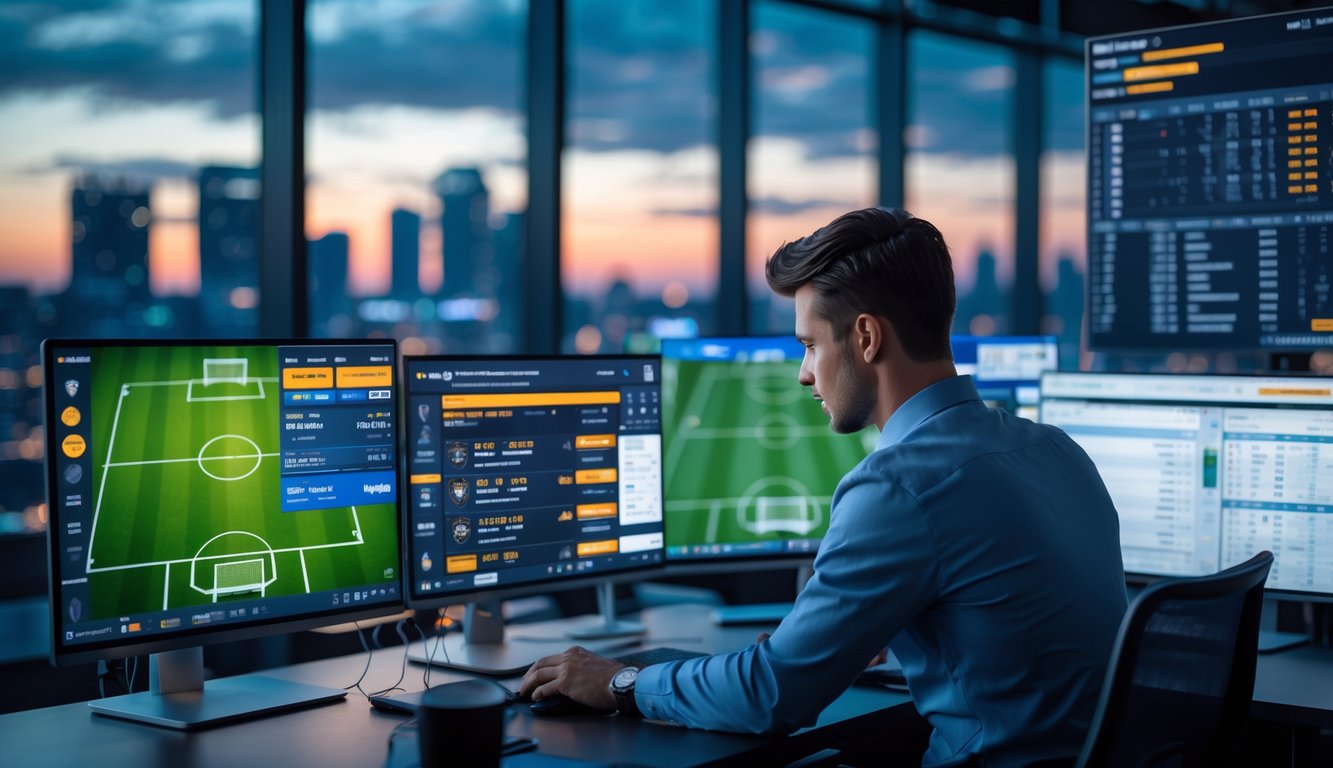 Seseorang sedang duduk di depan beberapa layar komputer yang menampilkan pertandingan sepak bola dan data taruhan, dengan pemandangan kota di belakangnya.