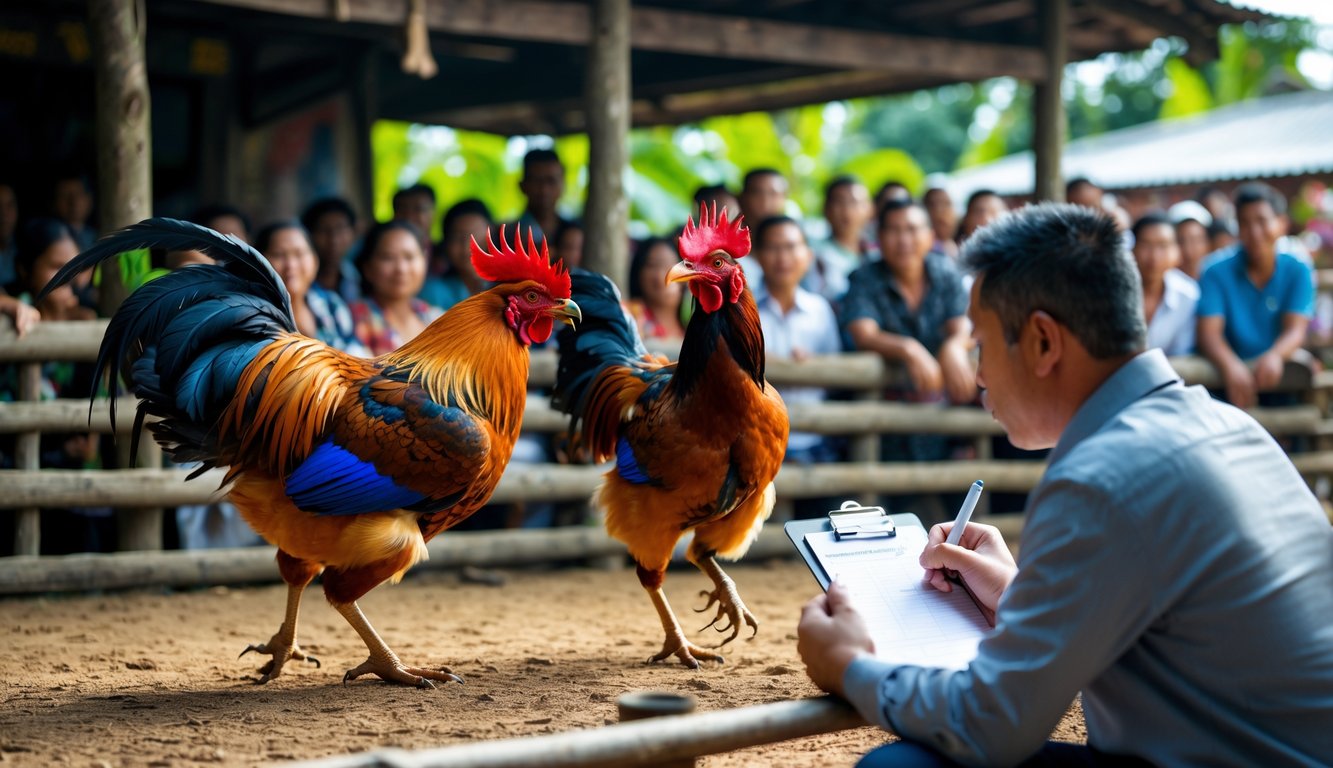 Suasana pertandingan sabung ayam dengan dua ayam jago bertarung di arena, penonton memperhatikan dengan serius, dan seorang analis mencatat hasil pertandingan.