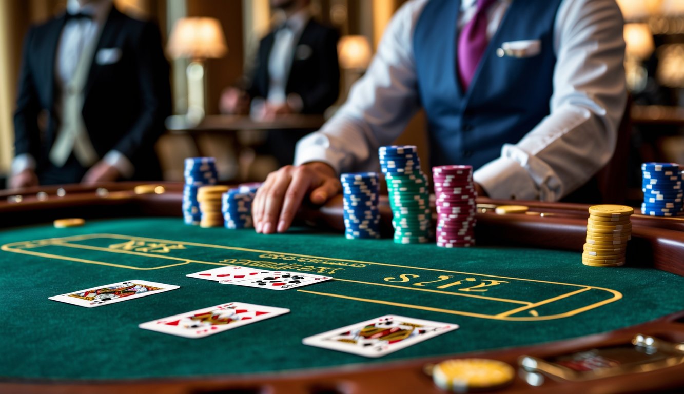 Meja baccarat dengan kartu dan tumpukan chip kasino di kasino mewah dengan pemain dan dealer di latar belakang.