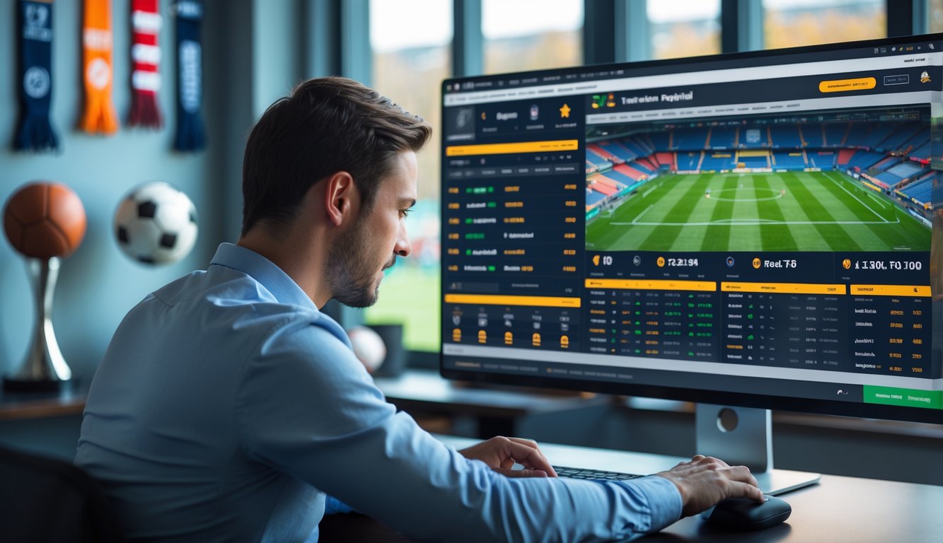 Seorang pria menggunakan komputer yang menampilkan jadwal pertandingan sepak bola dan pasar taruhan secara real-time.