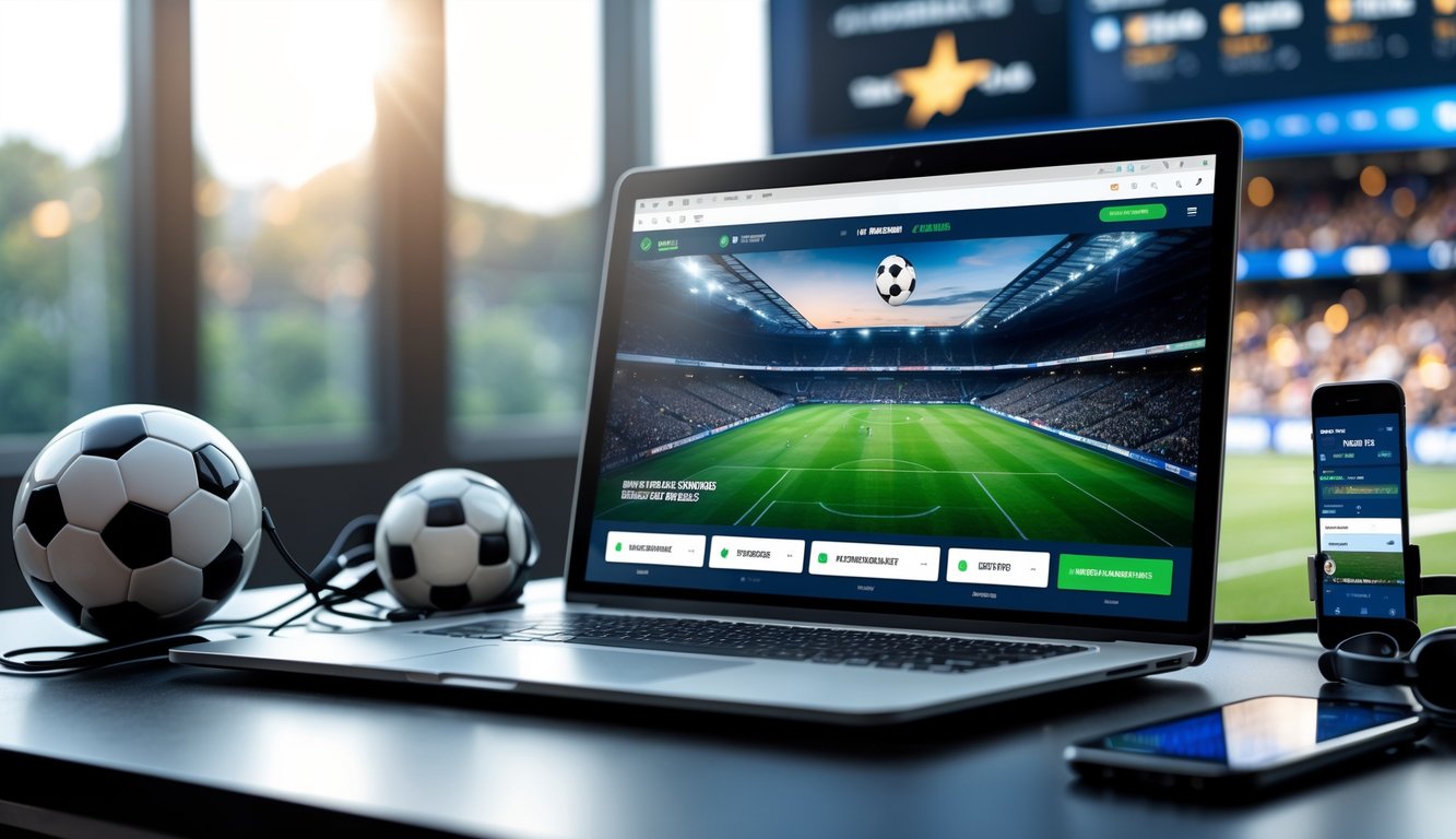 Meja kerja dengan laptop yang menampilkan situs taruhan sepak bola online dan bola sepak di sampingnya.