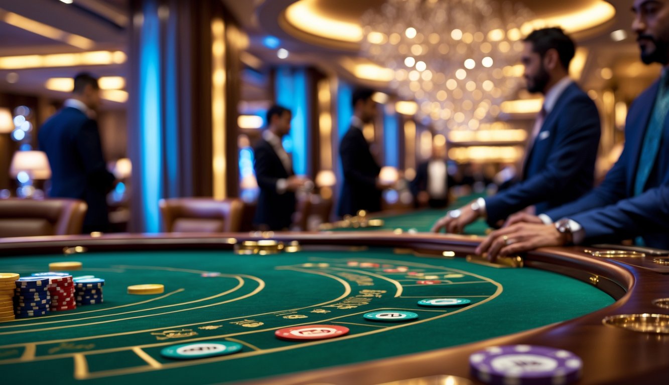 Meja permainan baccarat mewah dengan kartu dan chip di kasino yang elegan dan pencahayaan hangat.