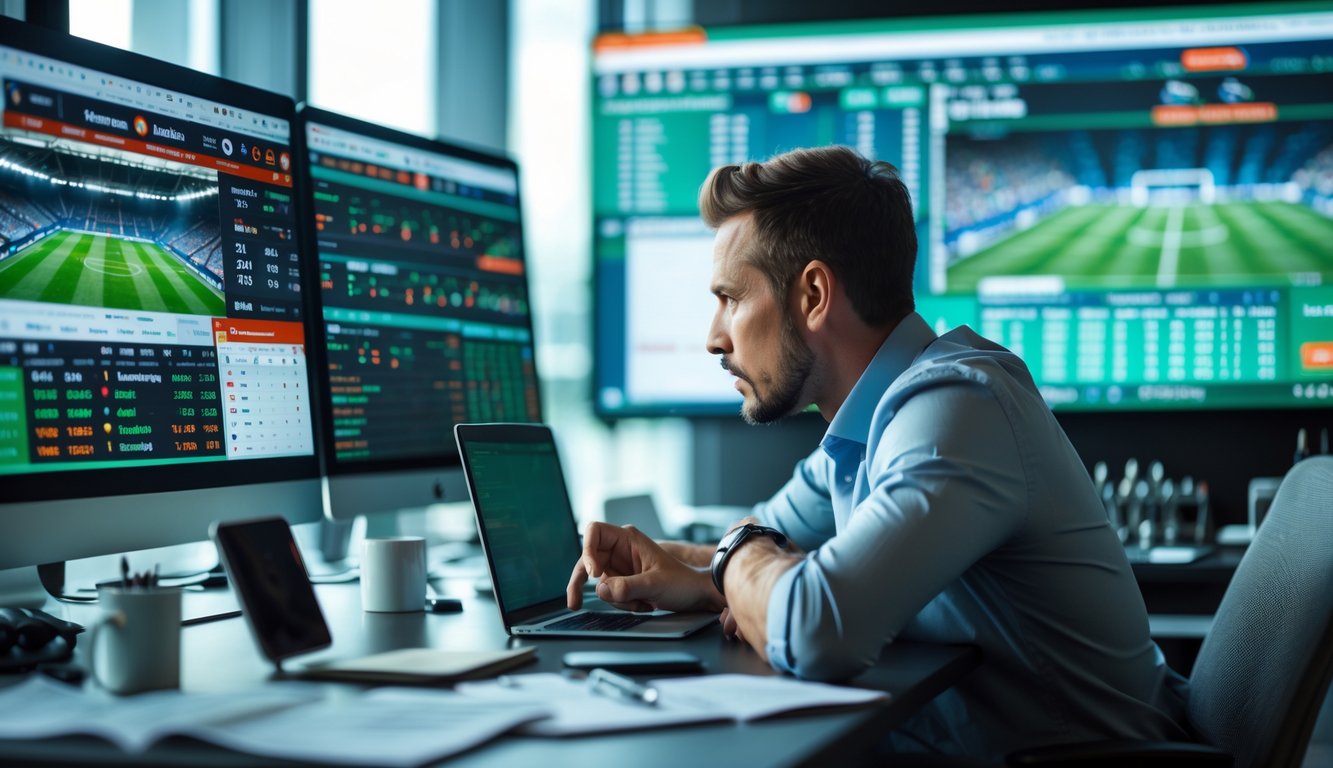 Seorang analis olahraga fokus melihat beberapa layar komputer yang menampilkan pertandingan sepak bola langsung dan data statistik di kantor modern.