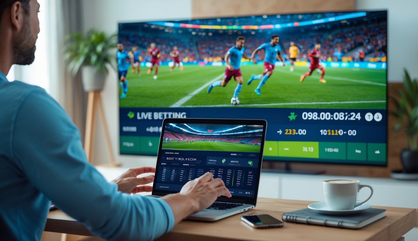 Orang sedang menonton pertandingan sepak bola langsung di televisi dengan skor diperbarui secara real-time, sambil menggunakan laptop atau ponsel di ruang tamu.