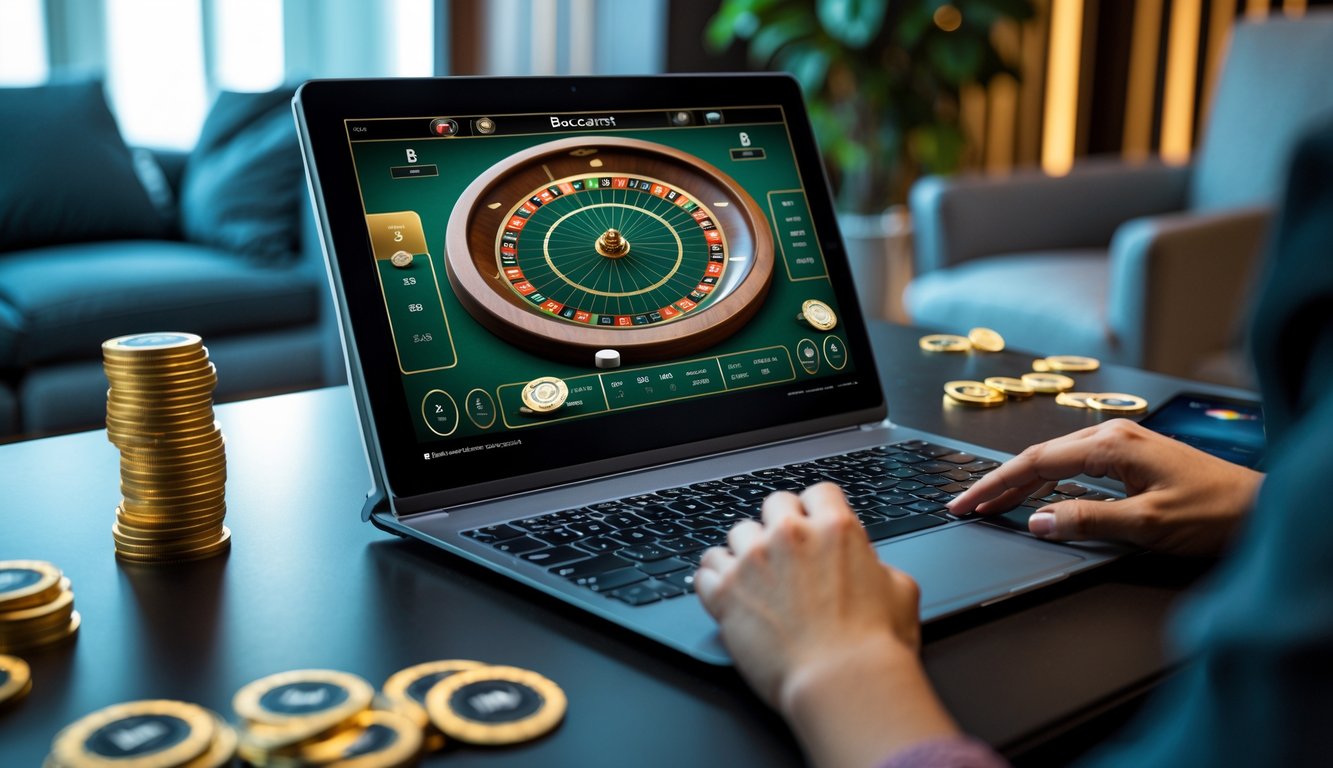 Sebuah meja baccarat online terlihat di layar komputer dengan tangan seseorang yang sedang bermain.