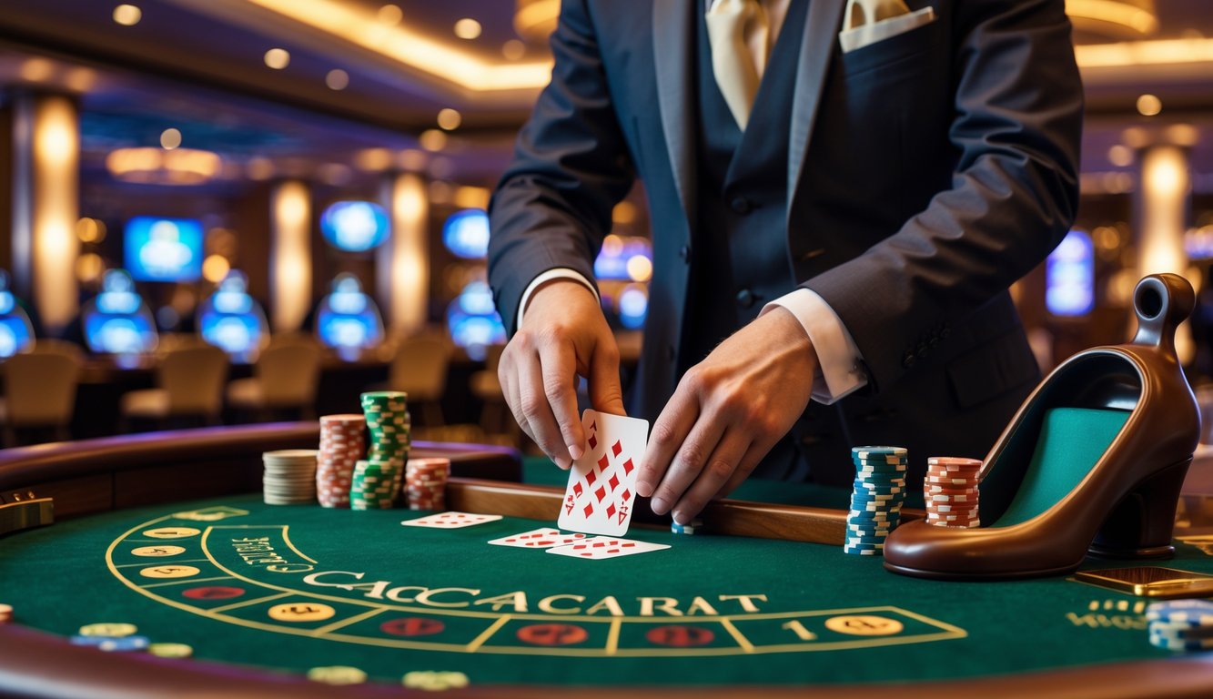 Seorang dealer berpakaian rapi sedang membagikan kartu baccarat di meja kasino dengan tumpukan chip dan suasana kasino mewah di latar belakang.