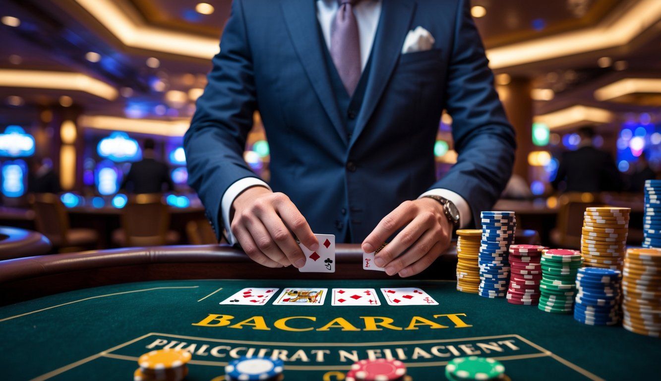 Seorang dealer berdiri di belakang meja baccarat dengan kartu dan tumpukan chip kasino di sebuah kasino mewah.