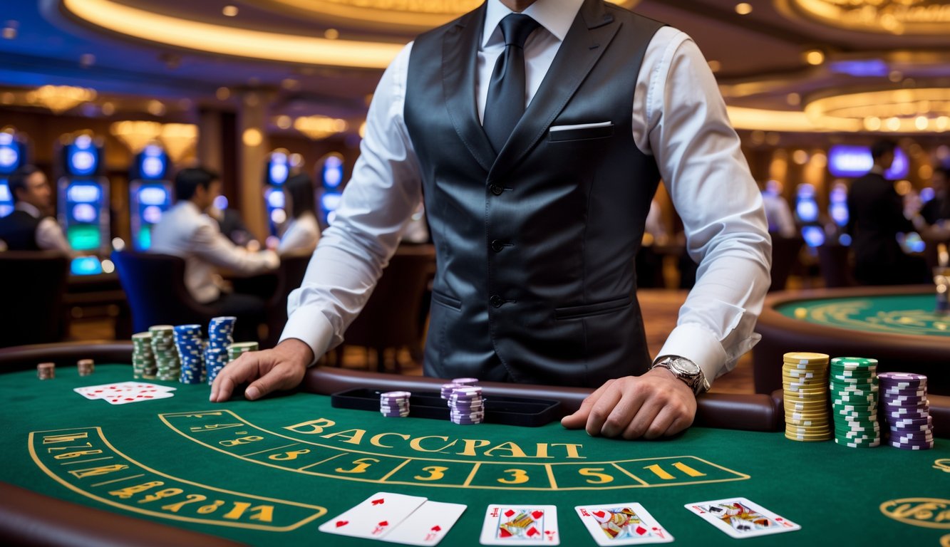 Seorang dealer di meja baccarat dengan kartu dan chip di kasino mewah, dikelilingi oleh pemain yang fokus.