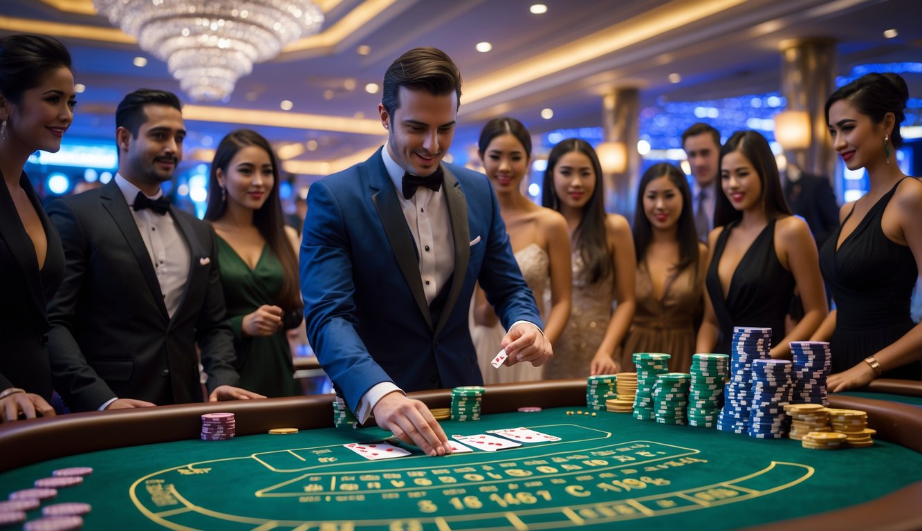 Seorang dealer dan beberapa pemain sedang bermain baccarat di meja kasino dengan suasana mewah dan pencahayaan terang.