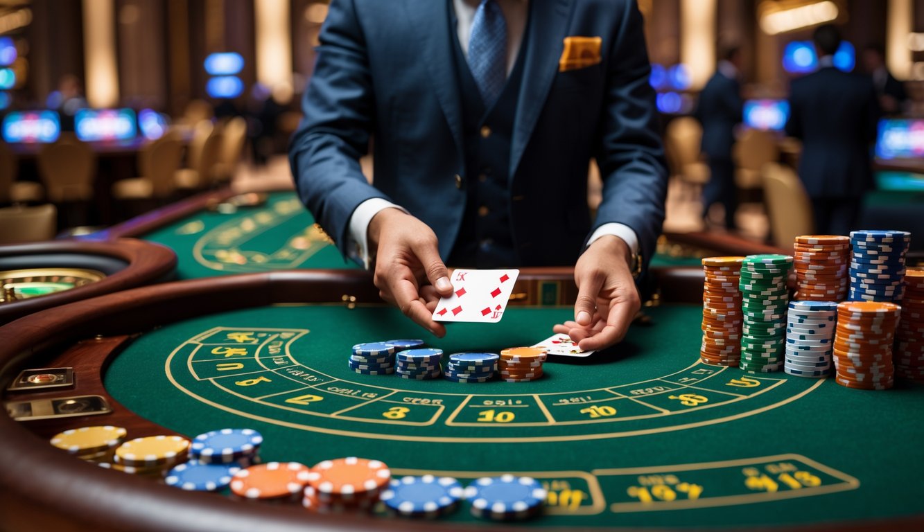 Seorang dealer yang berpakaian rapi sedang membagikan kartu di meja baccarat dengan tumpukan chip warna-warni di kasino mewah.