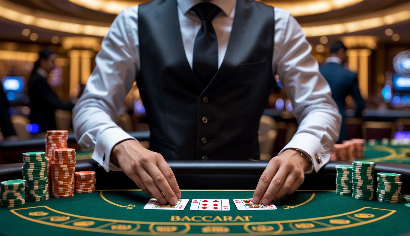 Seorang bandar kartu baccarat yang sedang membagikan kartu di meja permainan kasino dengan tumpukan chip dan suasana kasino yang mewah.