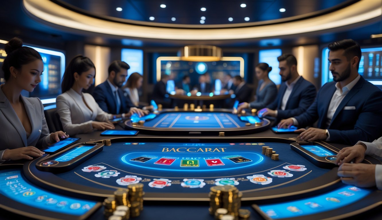 Meja permainan baccarat online modern dengan pemain yang fokus menggunakan perangkat digital di ruang bermain bergaya mewah.
