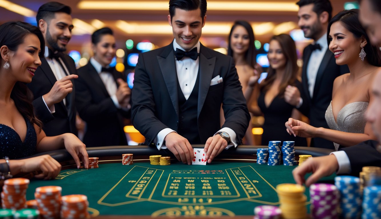 Suasana permainan baccarat di kasino dengan dealer dan pemain yang sedang bermain di meja hijau dengan tumpukan chip.