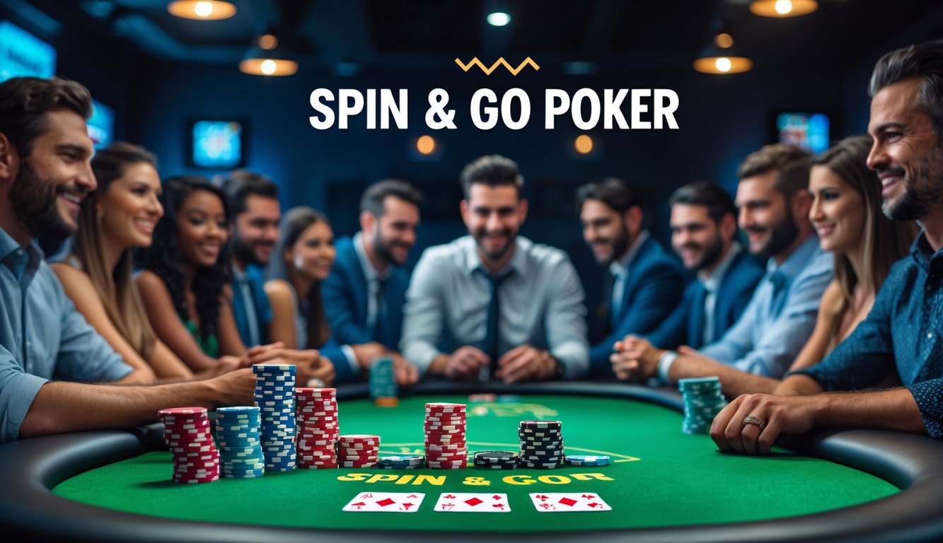 Meja poker dengan chip dan kartu, dikelilingi pemain yang fokus dan serius bermain poker Spin & Go.