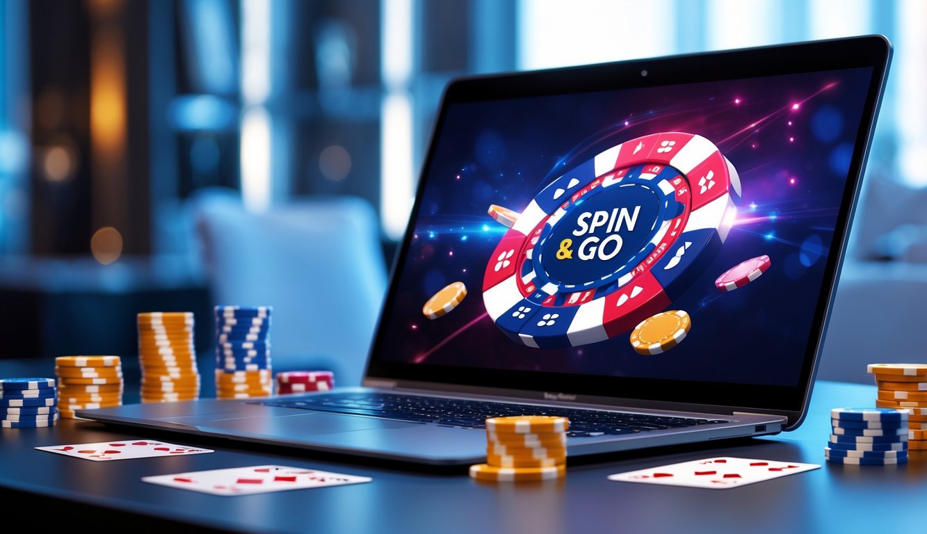 Sebuah laptop menampilkan permainan poker online dengan chip dan kartu poker di sekitarnya di atas meja.