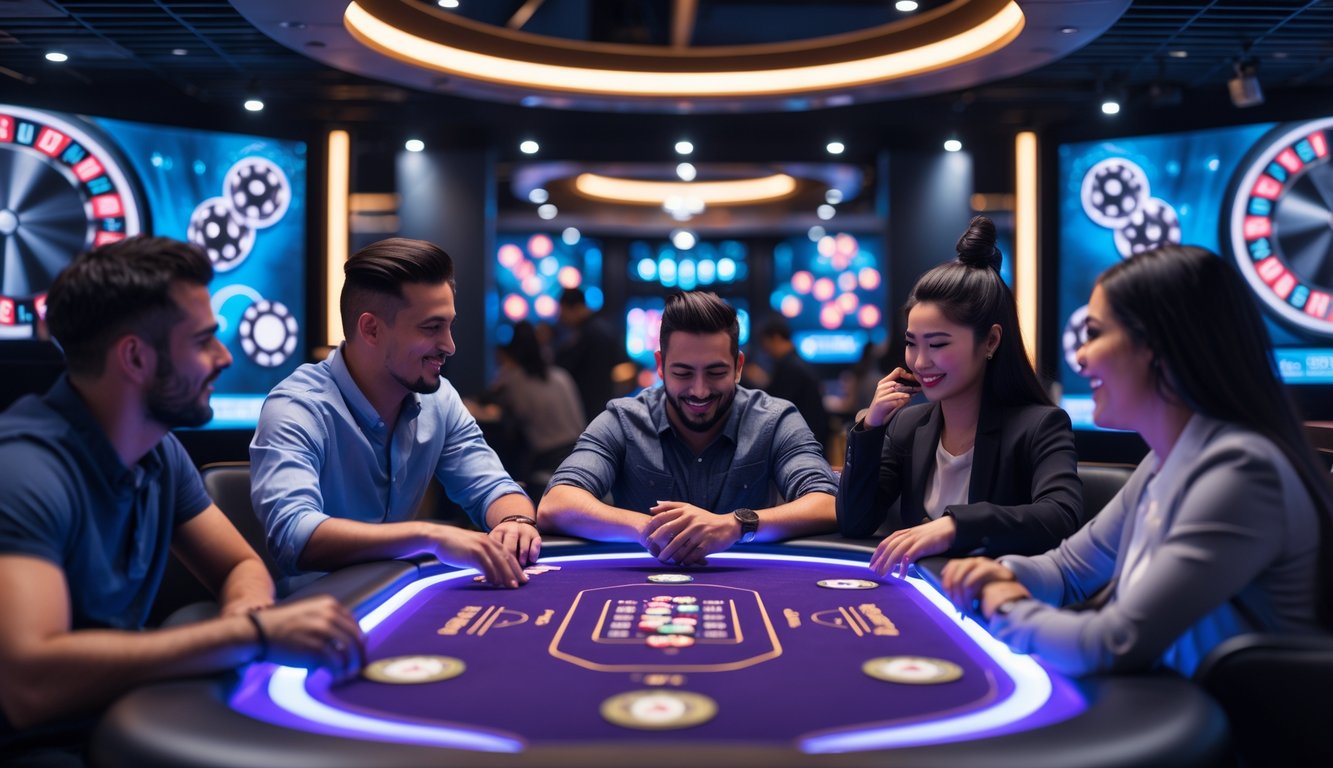 Suasana kompetisi poker Spin & Go dengan pemain fokus di meja permainan yang terang dan modern.