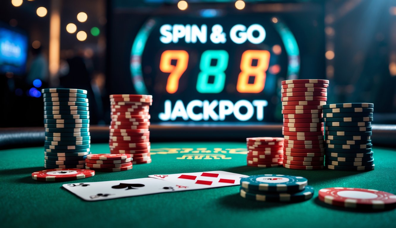 Meja poker dengan tumpukan chip dan kartu, serta layar digital menampilkan angka jackpot yang menyala.