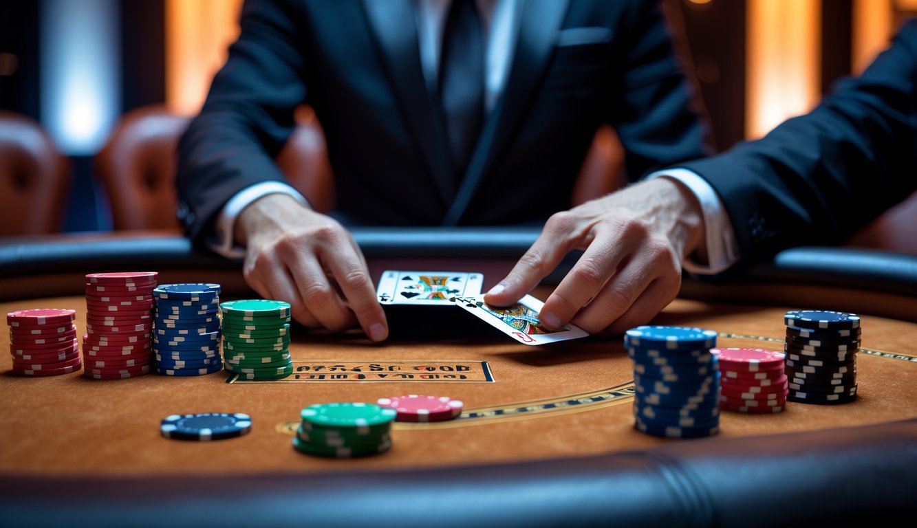 Meja poker dengan chip warna-warni dan kartu yang sedang dibagikan oleh dealer di suasana kasino yang hangat dan mewah.