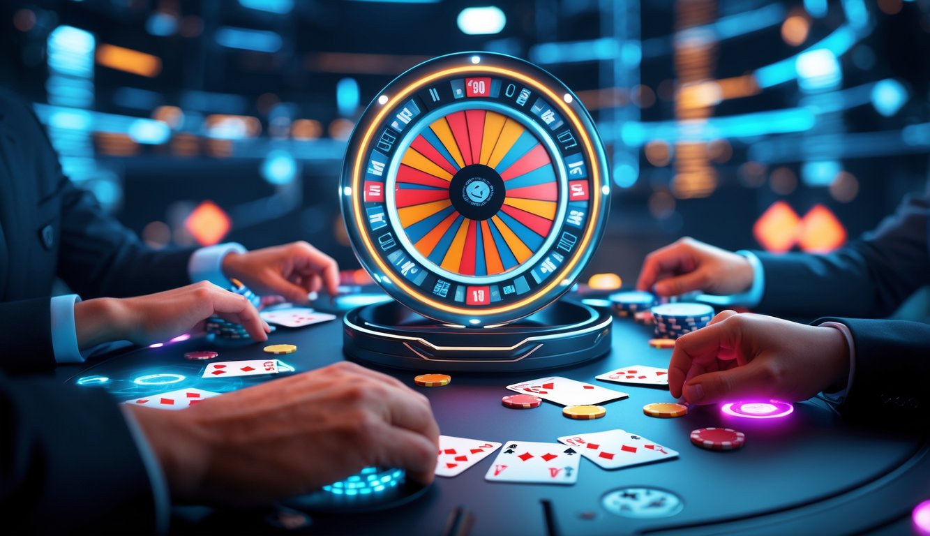 Suasana permainan poker online dengan meja virtual dan roda poker berputar di layar komputer.