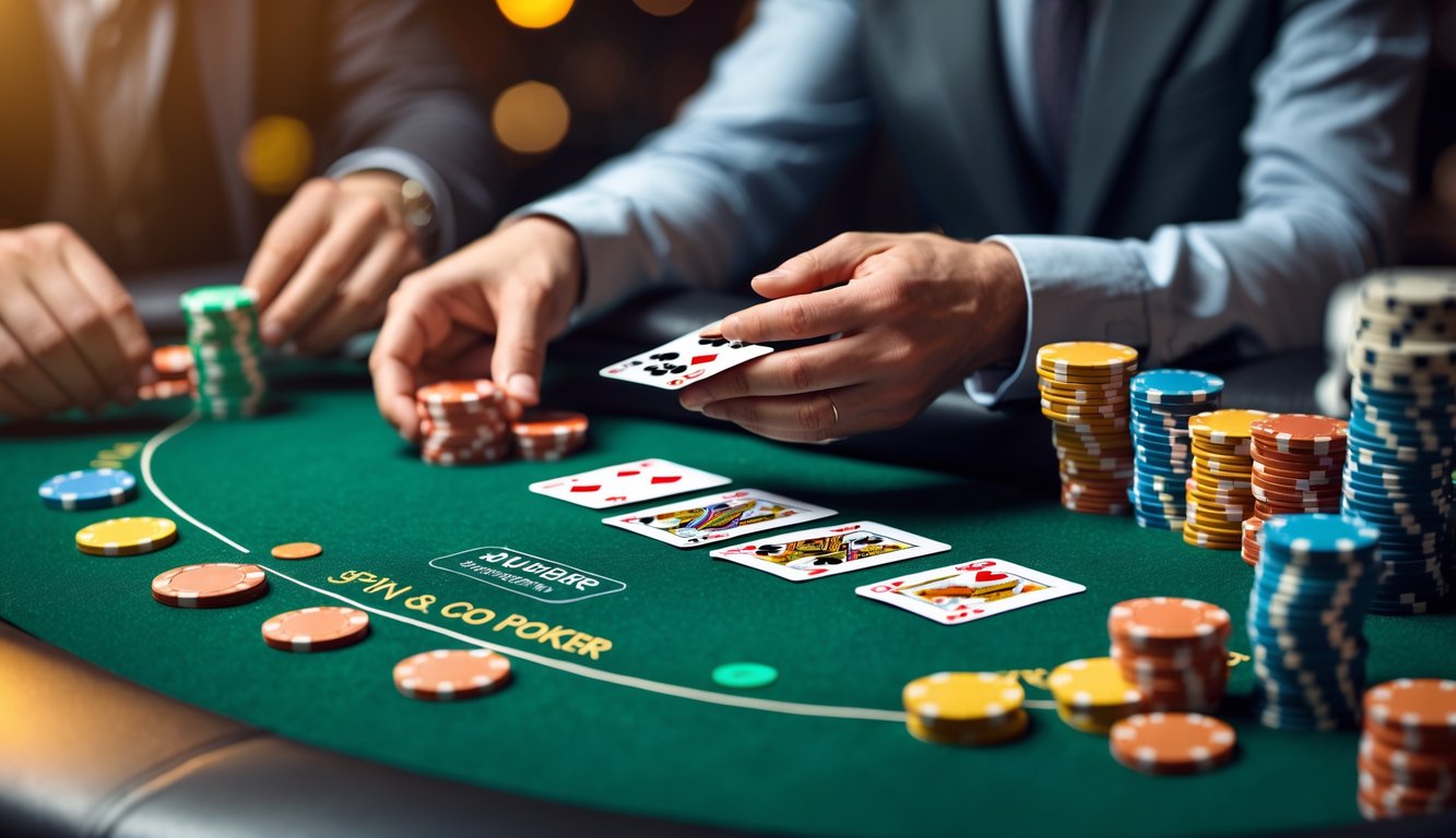 Meja poker dengan chip dan kartu yang sedang dibagikan oleh pemain yang fokus.