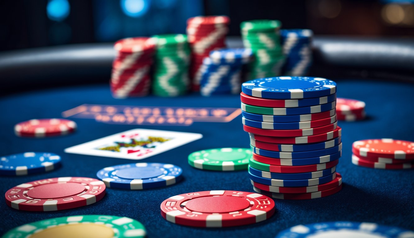 Tumpukan chip poker berwarna-warni di atas meja poker dengan kartu bermain dan suasana kasino modern.