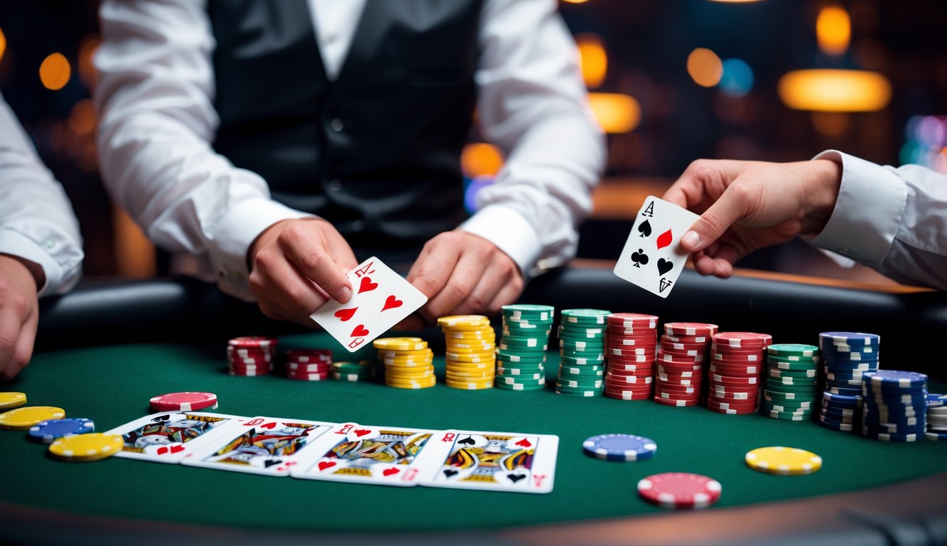 Meja poker dengan chip warna-warni dan kartu yang sedang dibagikan oleh dealer, pemain terlihat fokus bermain.