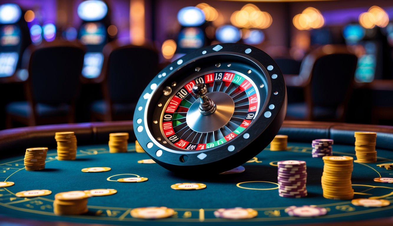 Adegan permainan poker dengan roda putar dan tumpukan chip di atas meja kayu, suasana kasino yang hidup.