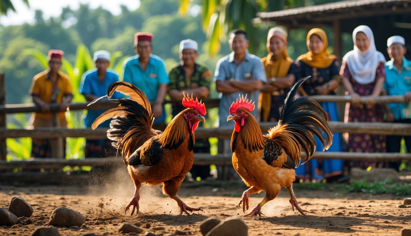 Dua ayam jago sedang bertarung di luar ruangan dengan sekelompok orang yang memperhatikan di latar belakang.