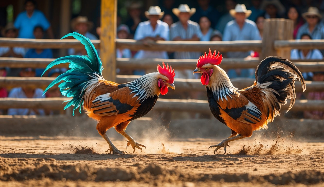 Dua ayam jago sedang bertarung di arena terbuka dengan penonton di latar belakang.