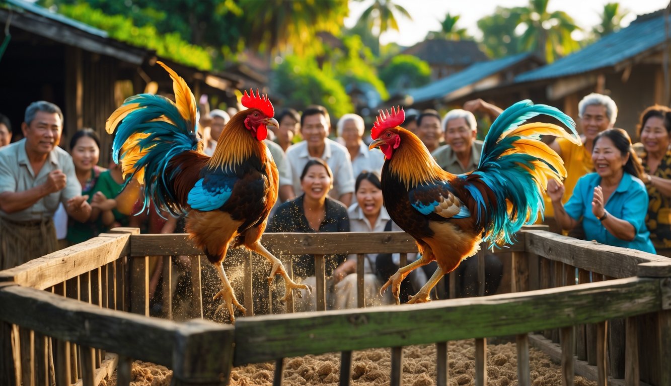 Dua ayam aduan sedang bertarung di dalam kandang kayu dengan beberapa orang menonton di sekitar dalam suasana desa.