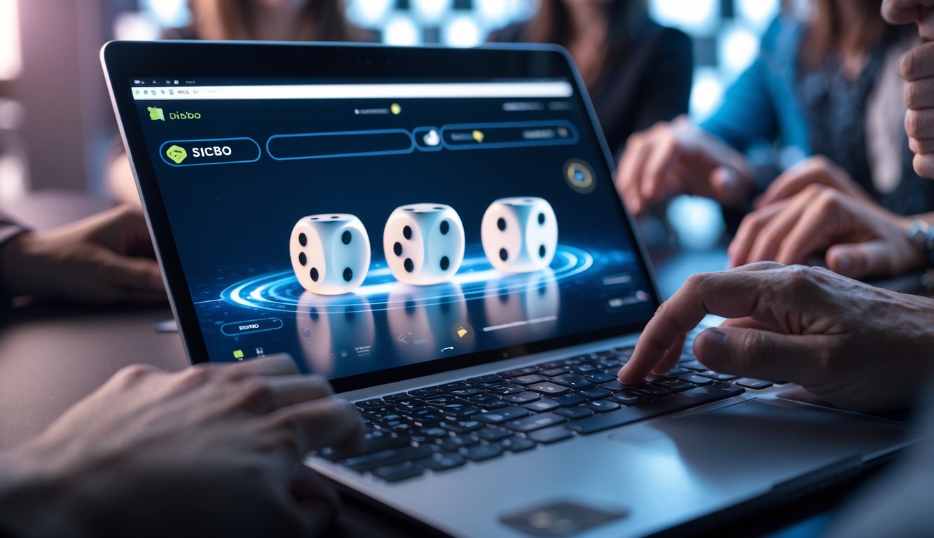 Tangkapan momen permainan Sicbo online dengan tiga dadu transparan yang sedang bergulir di layar perangkat, dengan tangan pemain yang terlihat berinteraksi.