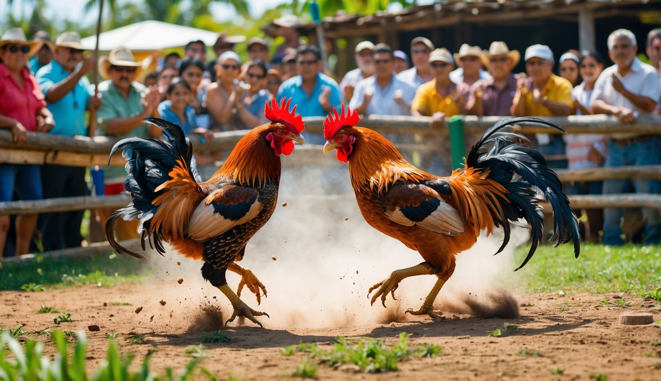 Pertandingan sabung ayam resmi di luar ruangan dengan dua ayam jago bertarung dan penonton yang antusias.