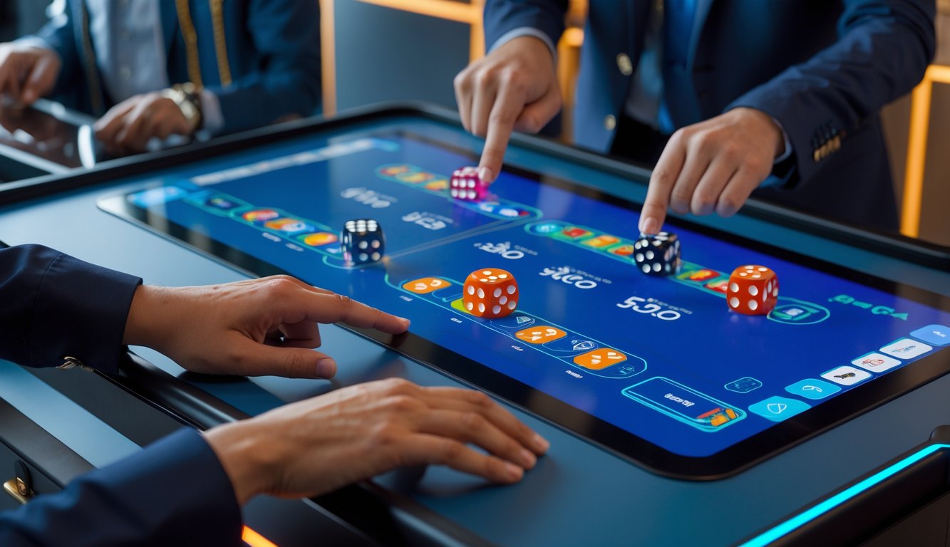 Meja permainan Sicbo online dengan layar interaktif dan tangan yang sedang memilih taruhan.