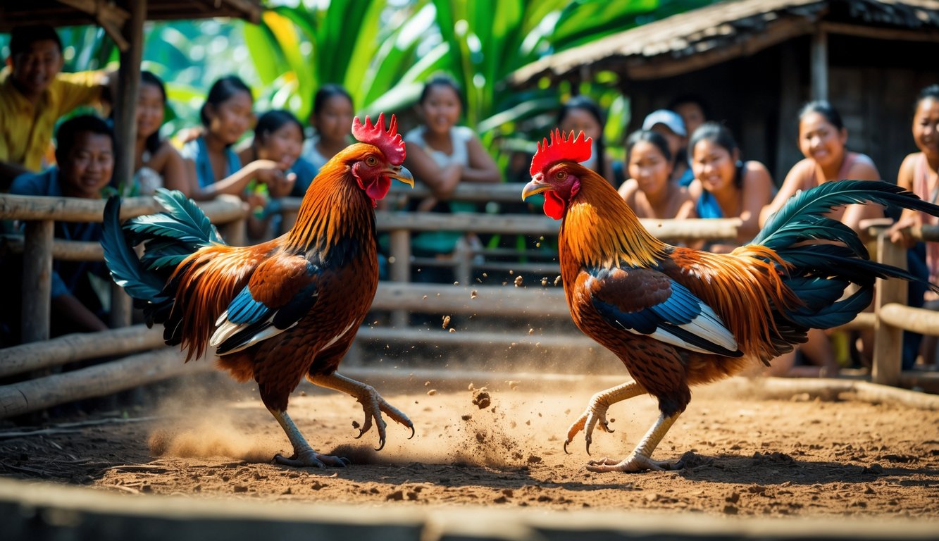 Dua ayam jago sedang bertarung di arena kayu dengan penonton sekitar di lingkungan pedesaan tropis.