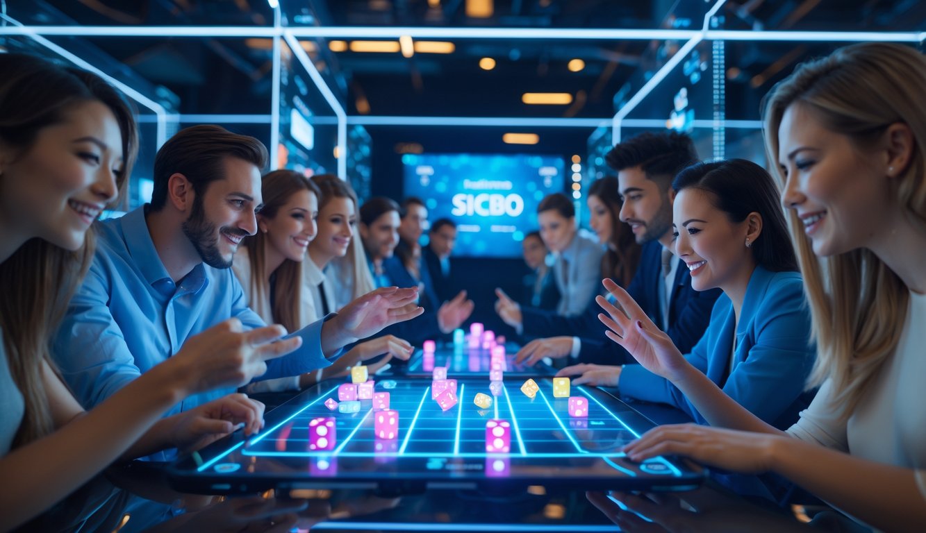 Sejumlah orang menggunakan laptop dan ponsel untuk bermain permainan Sicbo online dengan antarmuka digital modern dan dadu bercahaya di meja permainan.
