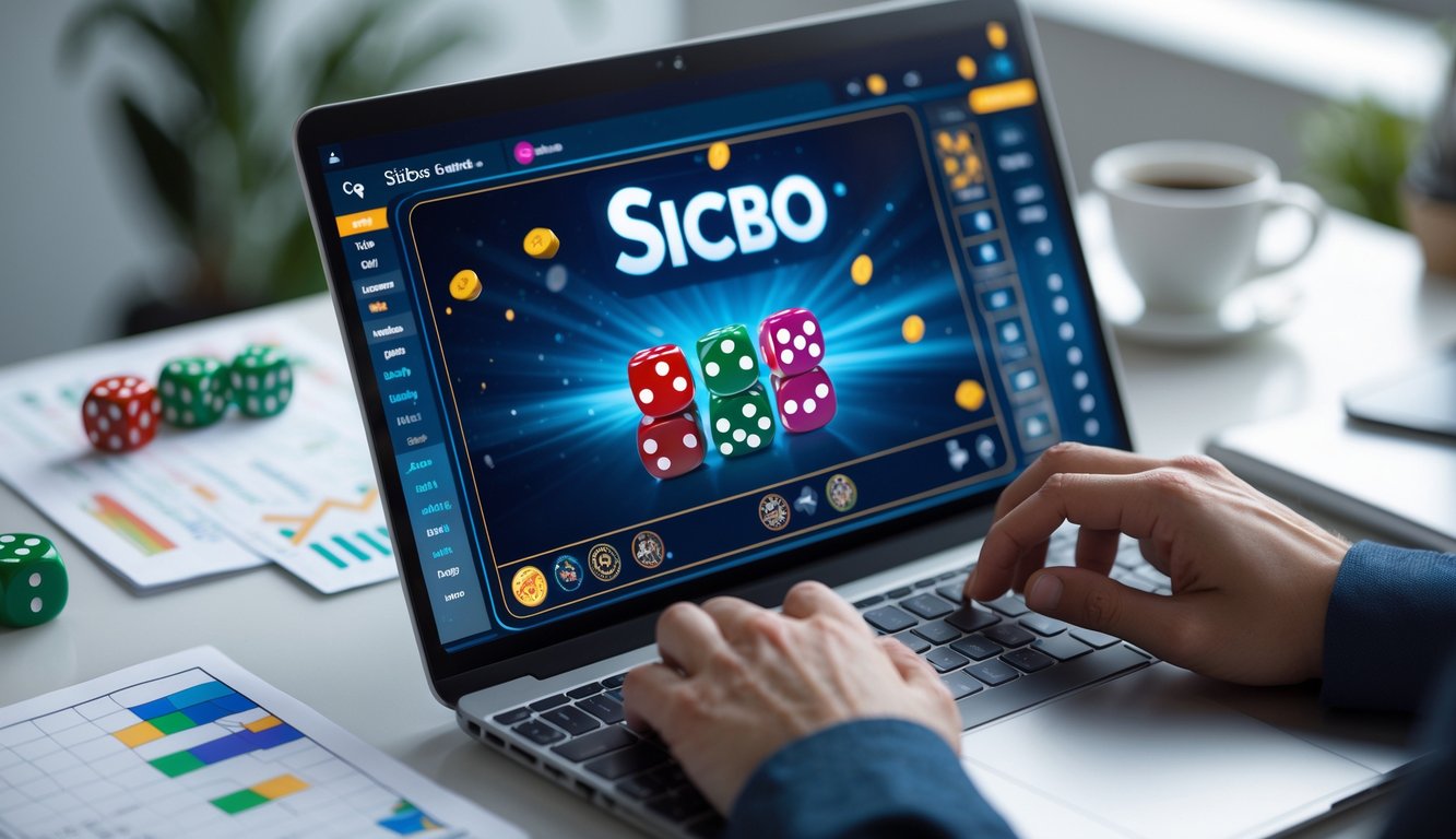 Seorang pemain menggunakan komputer dengan permainan dadu Sicbo online di layar, di ruang kerja yang rapi dan terang.