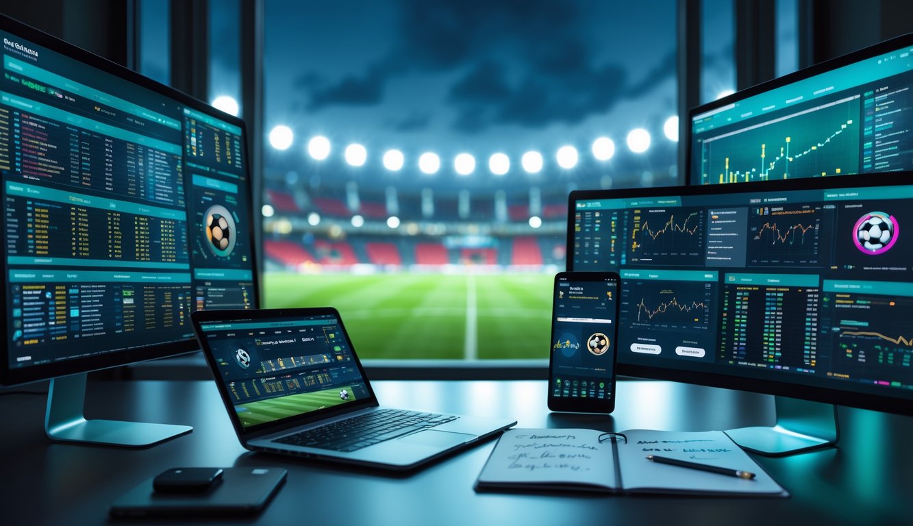 Meja kerja modern dengan beberapa layar menampilkan data dan statistik pertandingan sepak bola, laptop, dan ponsel dengan skor langsung, di latar belakang terlihat stadion sepak bola.