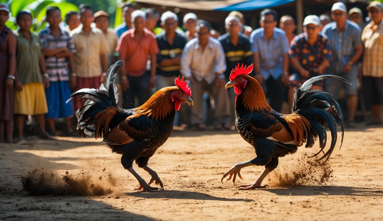 Dua ayam jantan sedang bertarung di luar ruangan dengan sekelompok orang menonton dengan antusias.