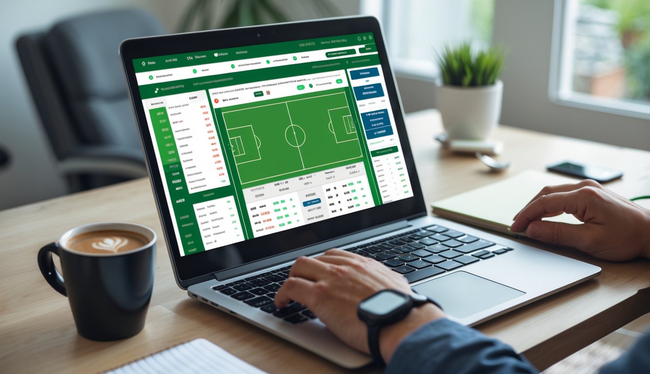 Seseorang menggunakan komputer dengan tampilan antarmuka taruhan sepak bola online di ruang kerja yang terang dan rapi.