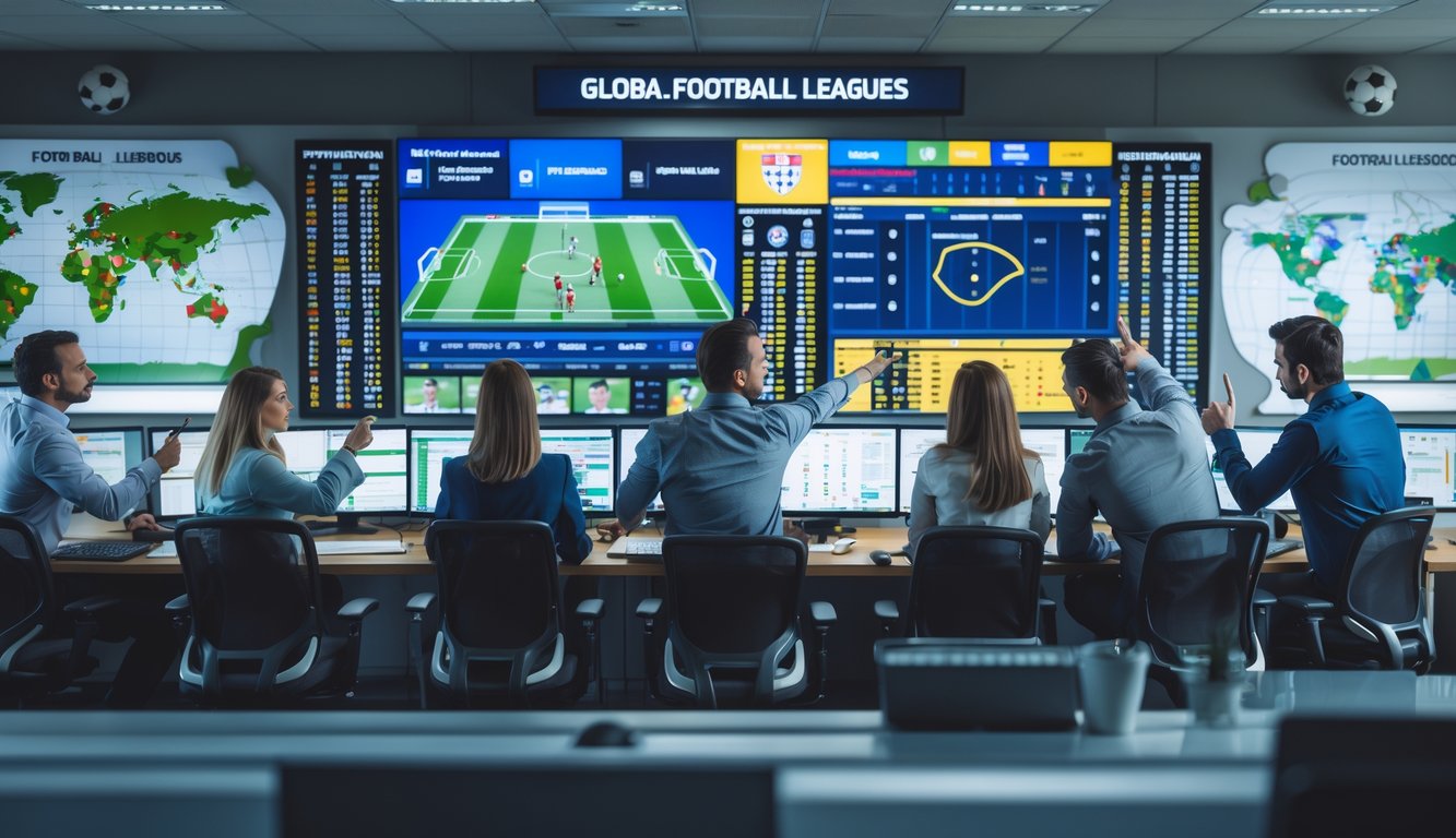 Seorang analis olahraga sedang bekerja di depan beberapa layar komputer yang menampilkan pertandingan sepak bola dari liga-liga besar dunia.