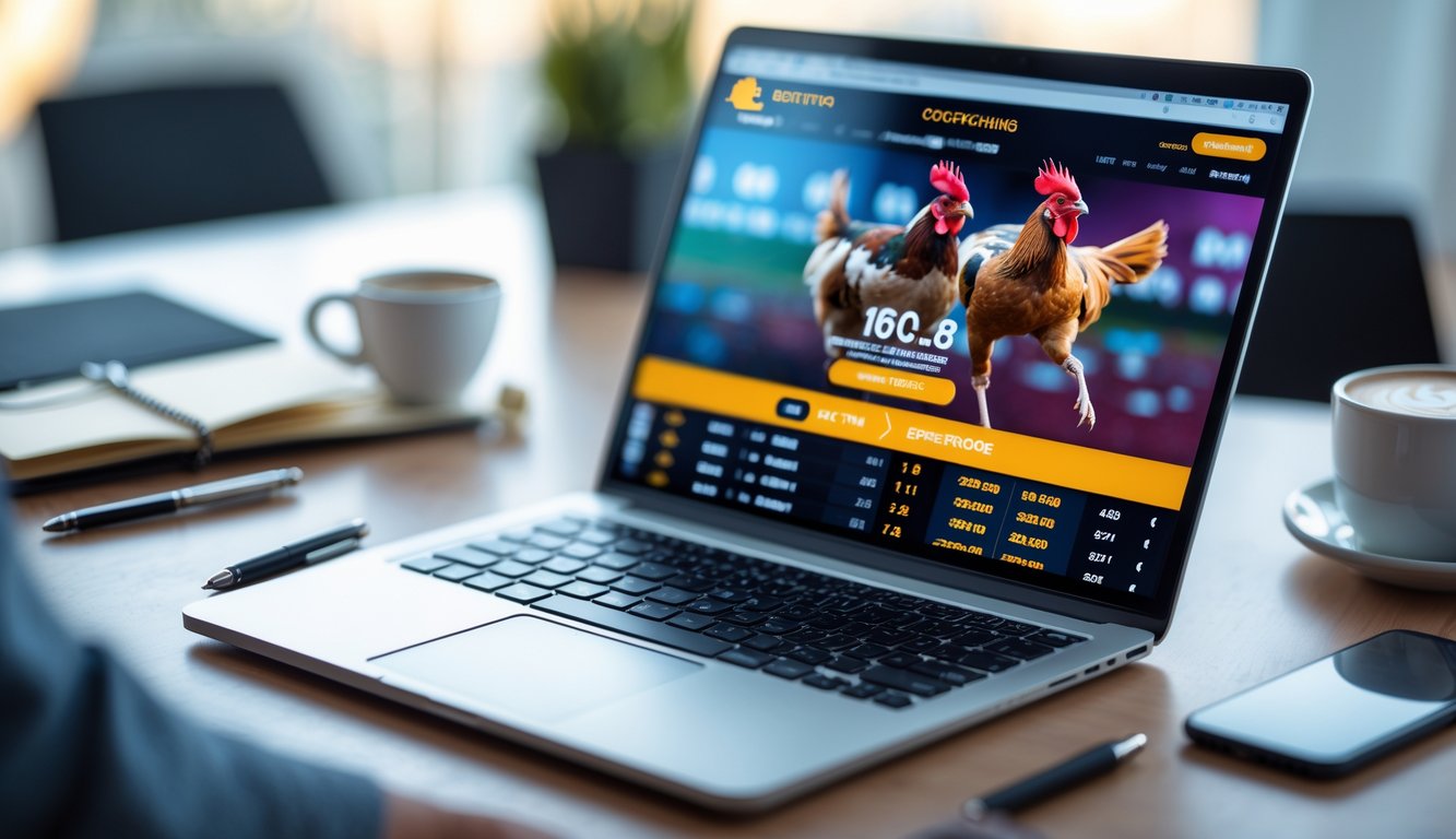 Meja kerja dengan laptop menampilkan situs taruhan sabung ayam online, dilengkapi dengan ponsel, cangkir kopi, dan buku catatan.
