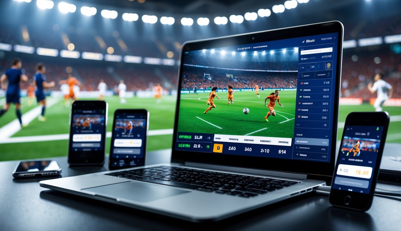 Seorang pria menggunakan laptop dan perangkat digital lain untuk mengikuti pertandingan sepak bola secara langsung dengan skor dan aksi lapangan yang diperbarui secara real-time.