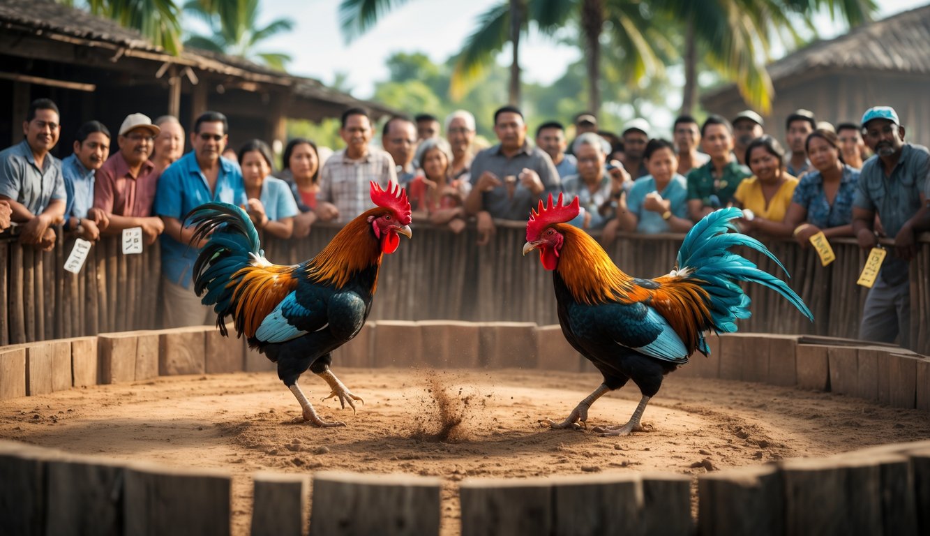 Keramaian orang yang menonton dua ayam jantan sedang bertarung di arena terbuka.