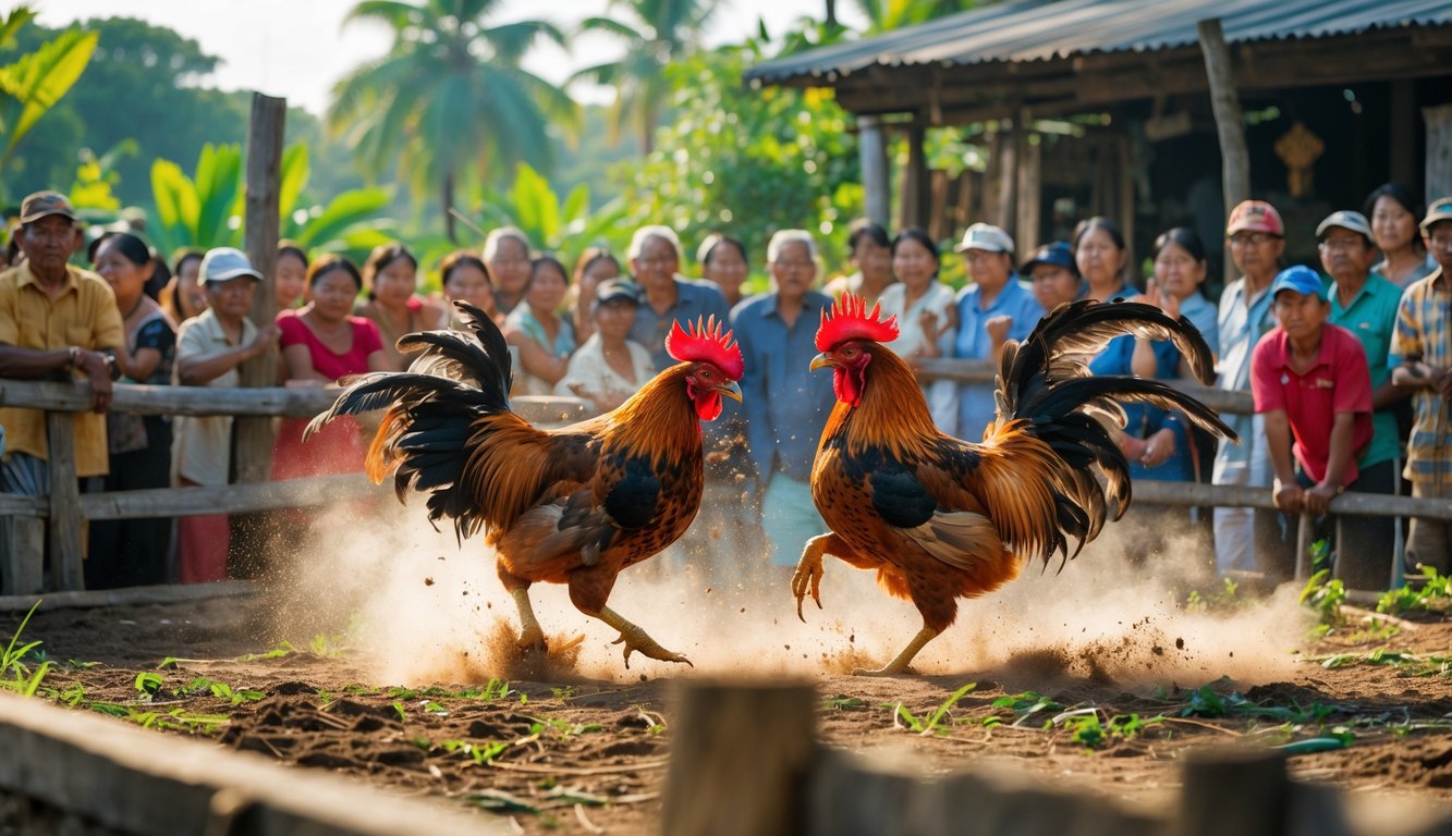 Pertarungan dua ayam jago di tengah kerumunan orang yang menonton dengan latar belakang pagar kayu dan pepohonan.