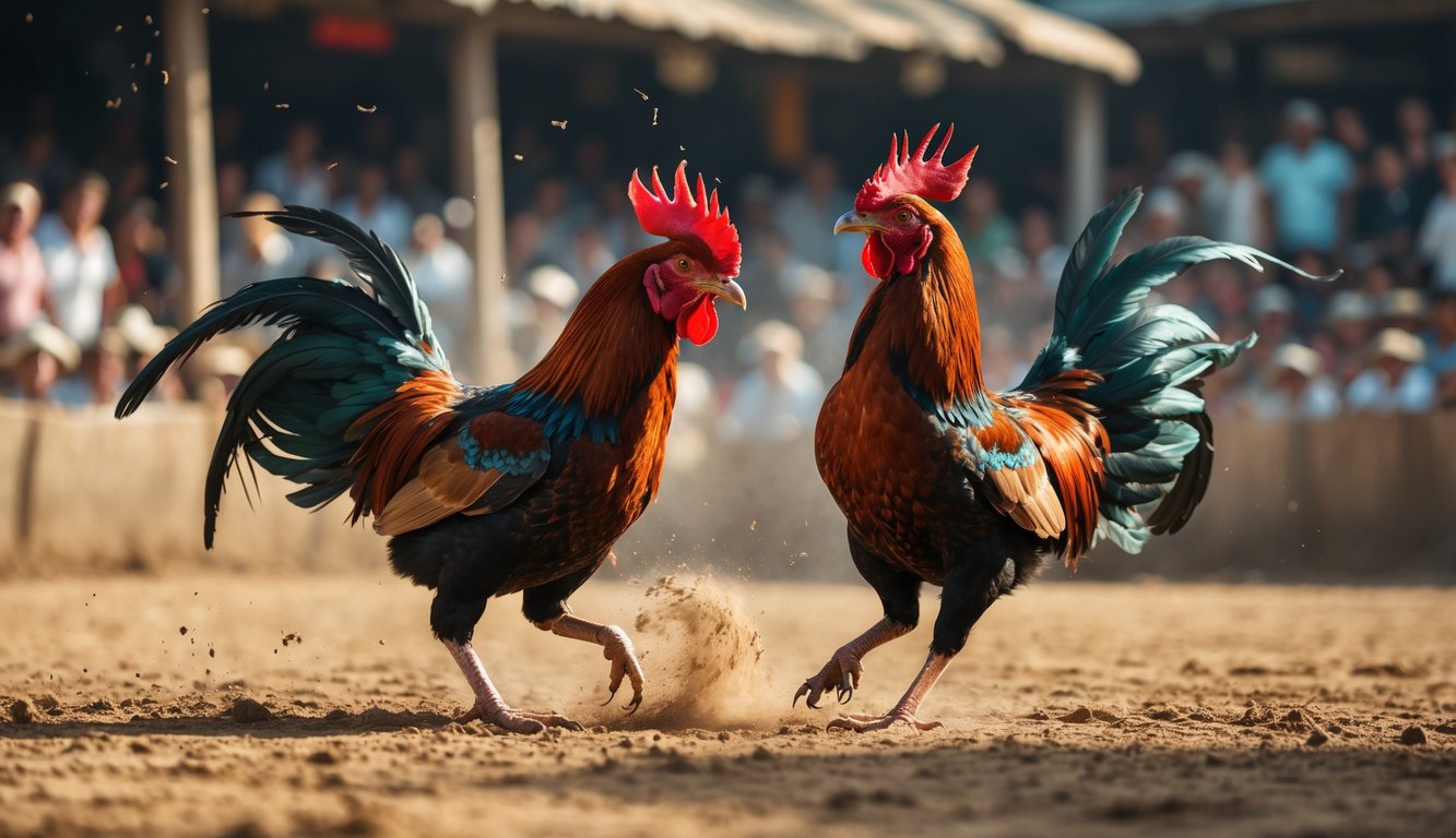 Dua ayam jantan sedang bertarung di arena sabung ayam dengan penonton di latar belakang.