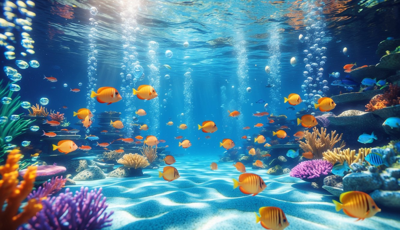 Pemandangan bawah laut dengan terumbu karang berwarna-warni dan ikan tropis berenang di sekitar, dengan cahaya matahari menembus air.