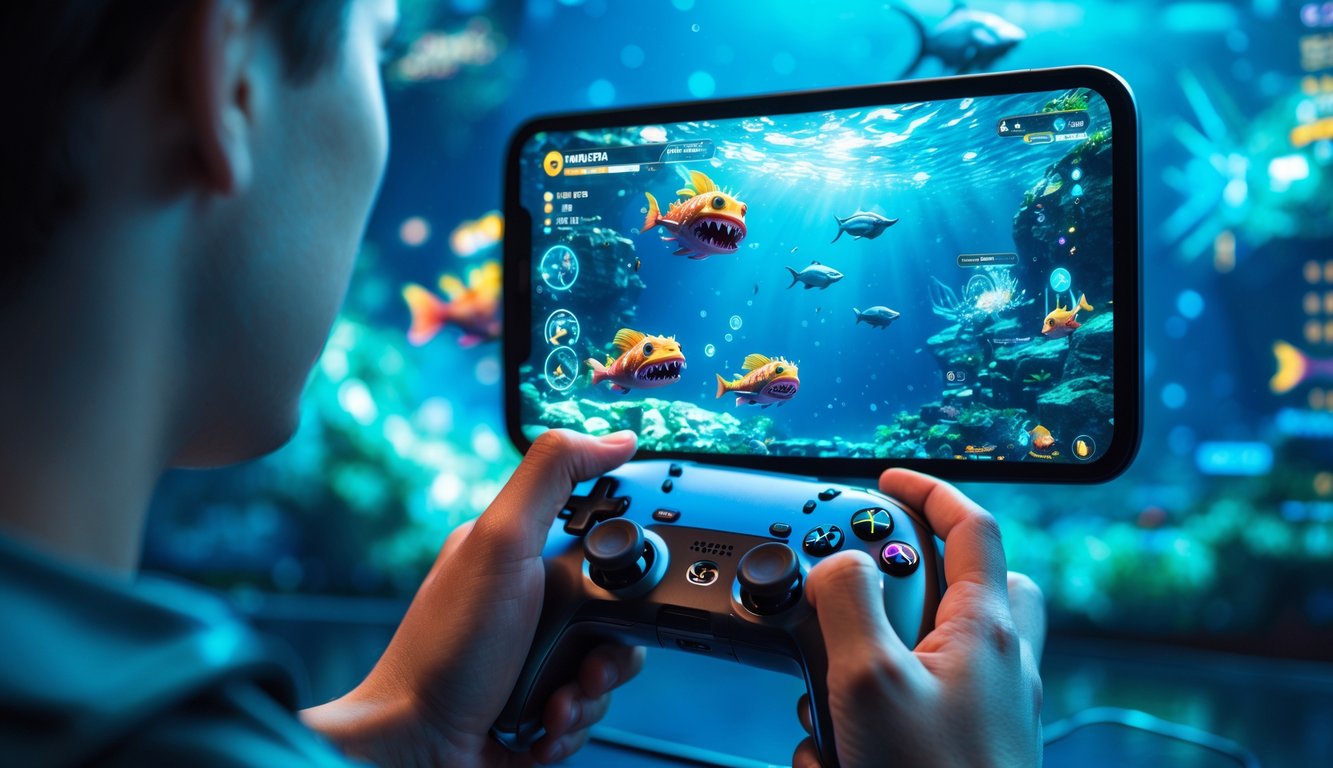 Tangan seseorang memegang pengendali permainan dengan latar belakang grafis ikan dan monster laut yang berwarna-warni di layar permainan.