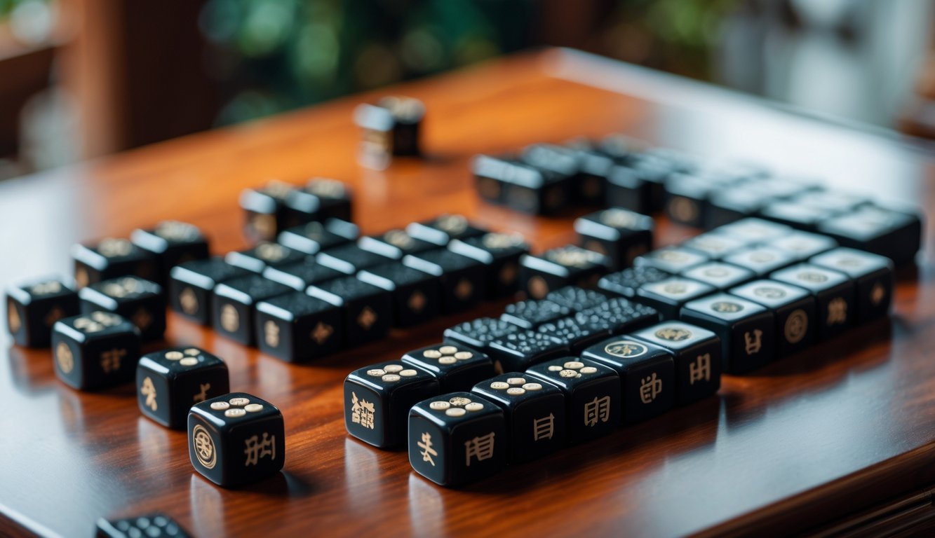Pandangan dekat permainan Mahjong dengan ubin hitam yang tersusun rapi di atas meja kayu, beberapa ubin tersebar menunjukkan momen permainan.