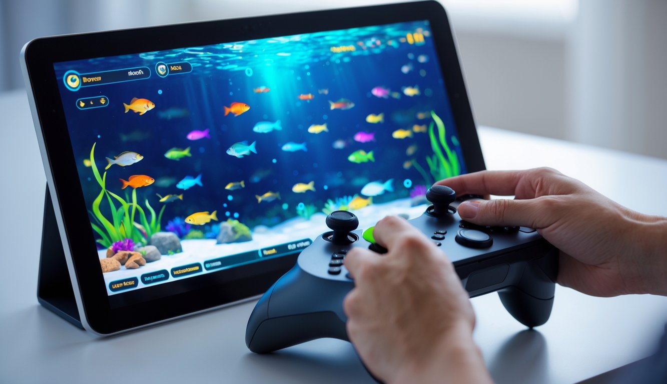 Tangan seseorang mengoperasikan permainan ikan online dengan layar menampilkan ikan berwarna-warni di bawah air.